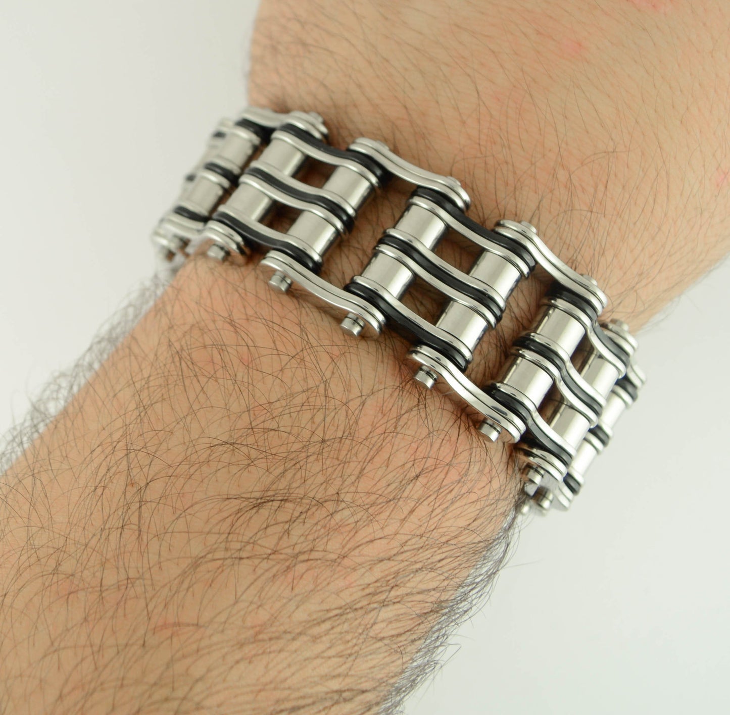 Two Tone Silver Black 1" WideUnisex Stainless Steel Motorcycle Chain Bracelet