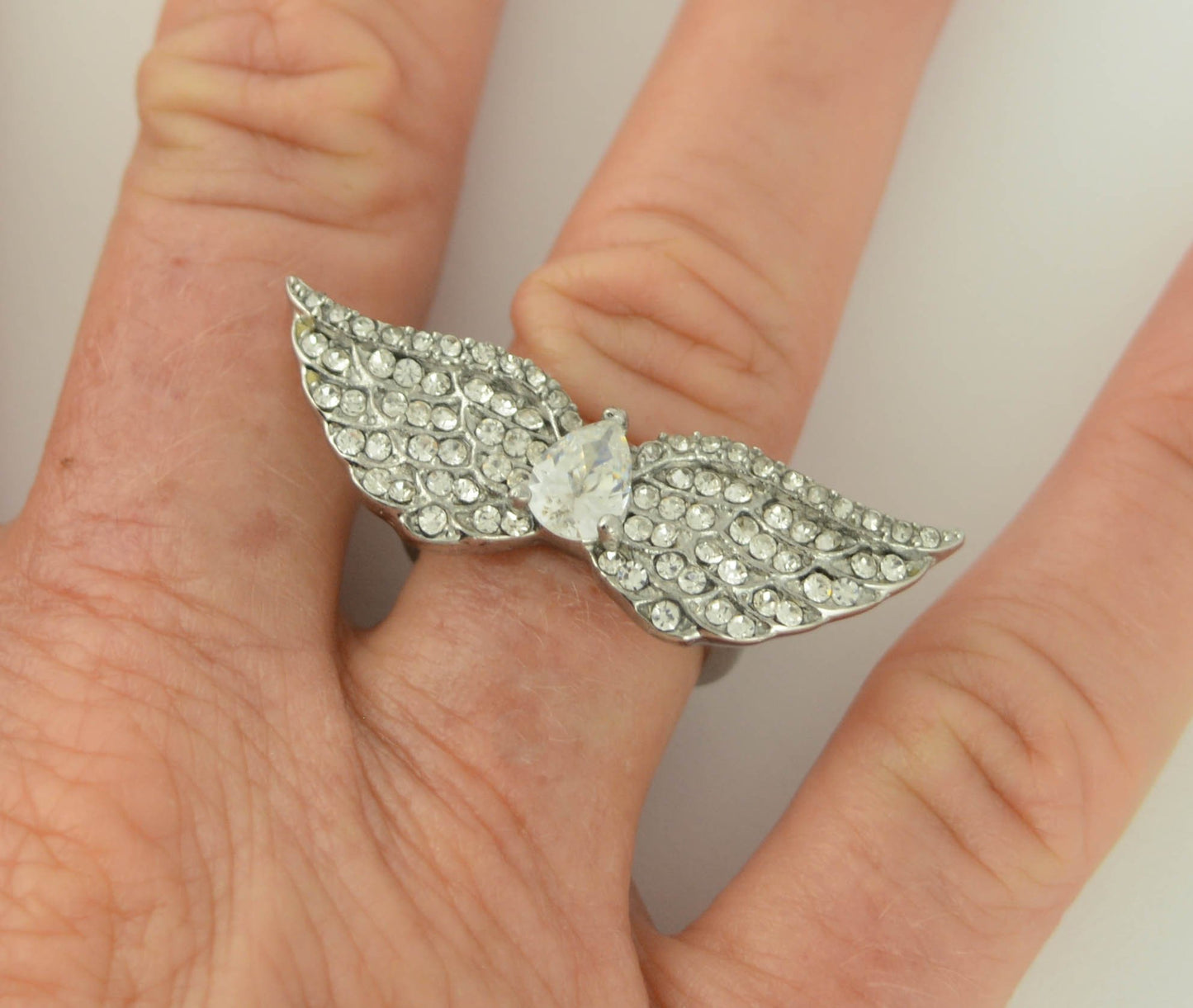 Wings White Crystal Pear Center Ring Stainless Steel Motorcycle Jewelry
