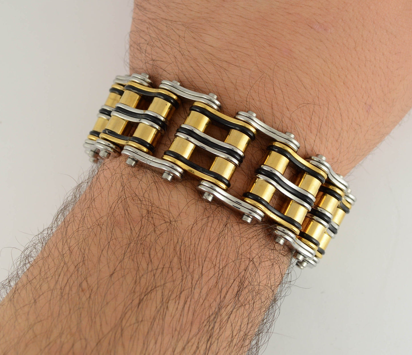1" Wide Tri-Color Black Silver GoldUnisex Stainless Steel Motorcycle Chain Bracelet