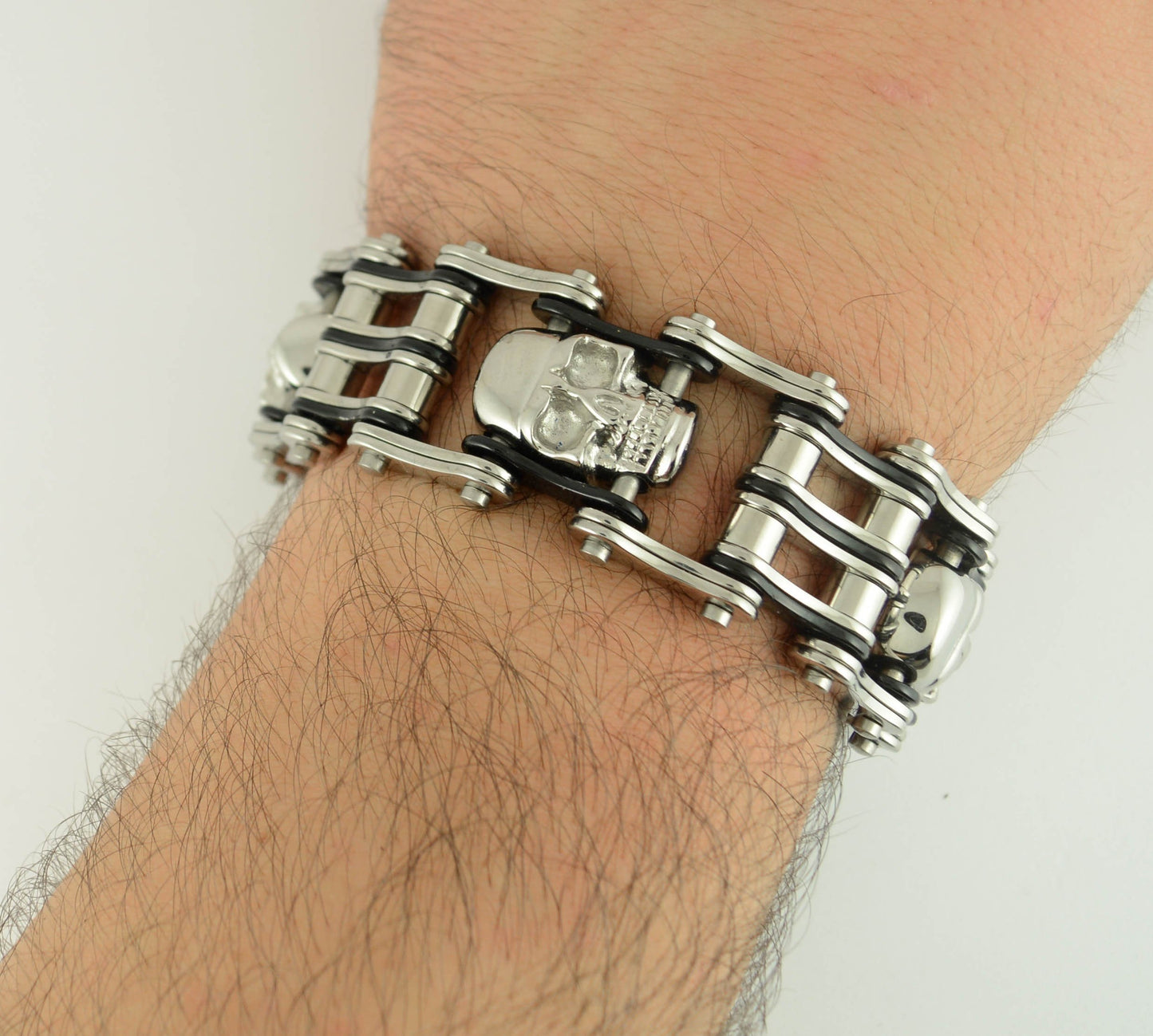 1" Wide Two Tone Silver BlackUnisex Stainless Steel Motorcycle Chain Bracelet