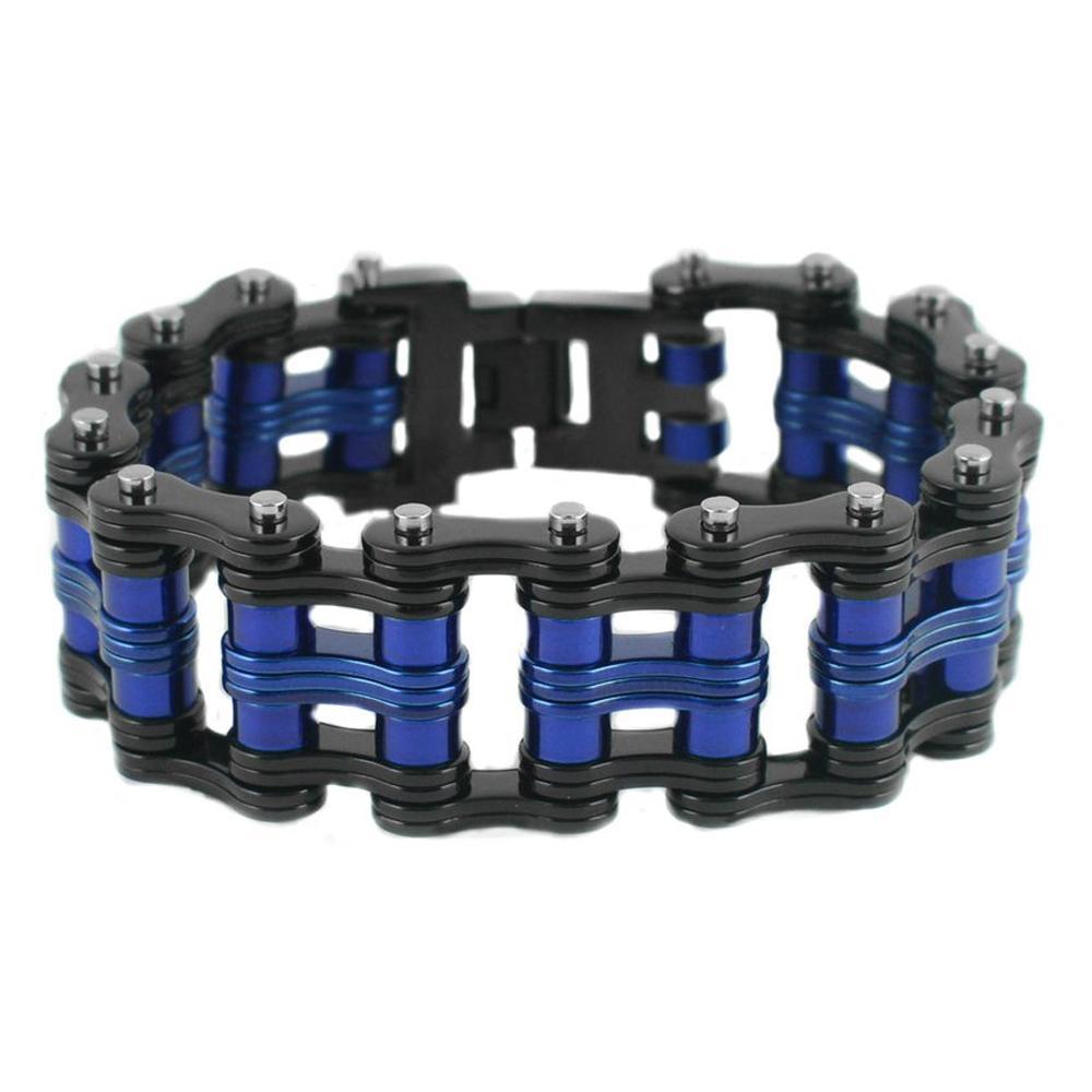 Two Tone Black Blue 1" WideUnisex Stainless Steel Motorcycle Chain Bracelet
