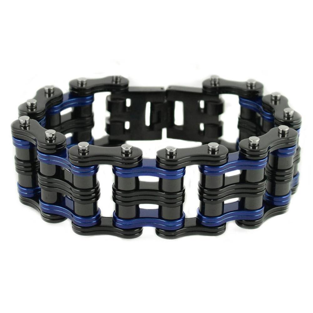 1" Wide Two Tone Black BlueUnisex Stainless Steel Motorcycle Chain Bracelet