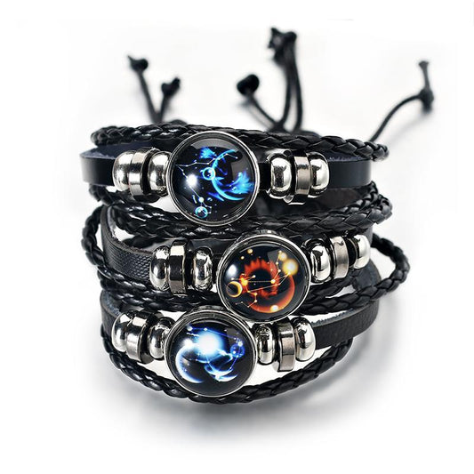 12 Zodiac Signs Charm Leather Bracelet