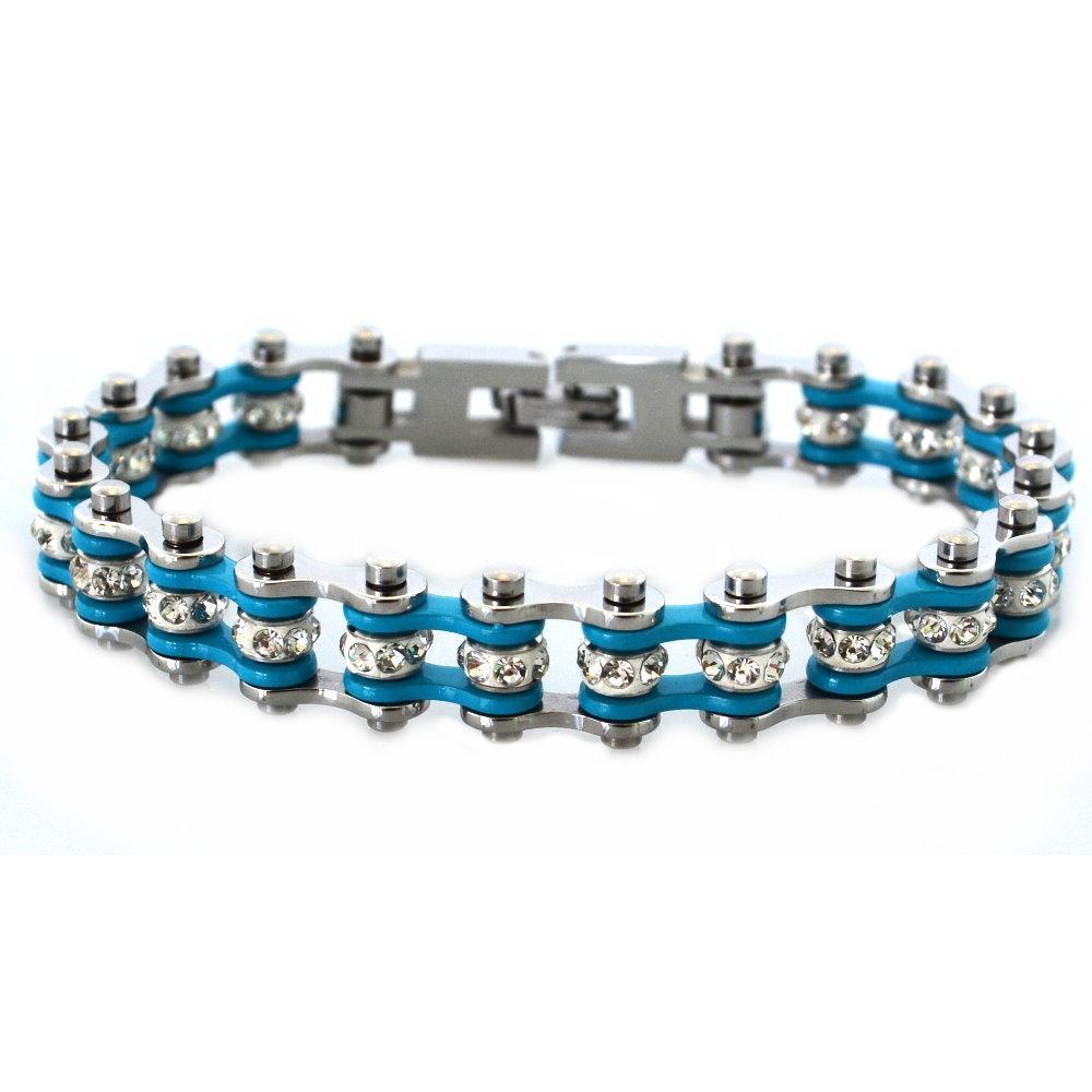3/8" Wide MiniTwo Tone Silver Turquoise with White Crystal Centers Stainless Steel Motorcycle Bike Chain Bracelet
