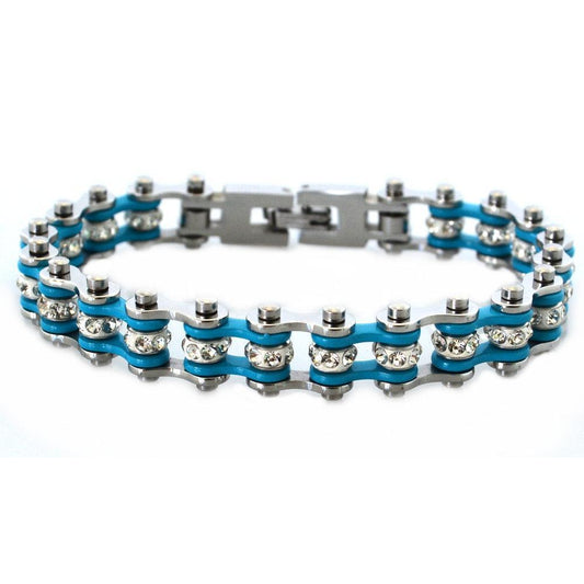 3/8" Wide MiniTwo Tone Silver Turquoise with White Crystal Centers Stainless Steel Motorcycle Bike Chain Bracelet