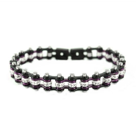 3/8" Wide MiniTwo Tone Black Candy Purple with White Crystal Centers Stainless Steel Motorcycle Bike Chain Bracelet