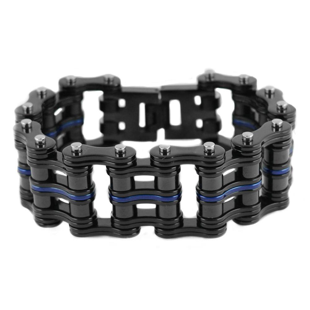 1" Wide Black with One Candy Blue LinkUnisex Stainless Steel Motorcycle Chain Bracelet