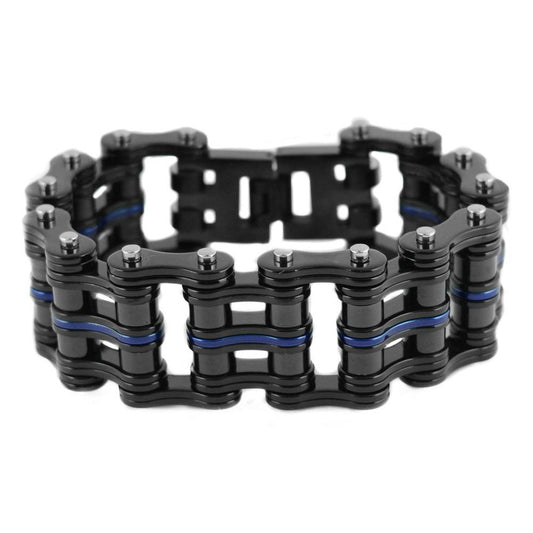 1" Wide Black with One Candy Blue LinkUnisex Stainless Steel Motorcycle Chain Bracelet