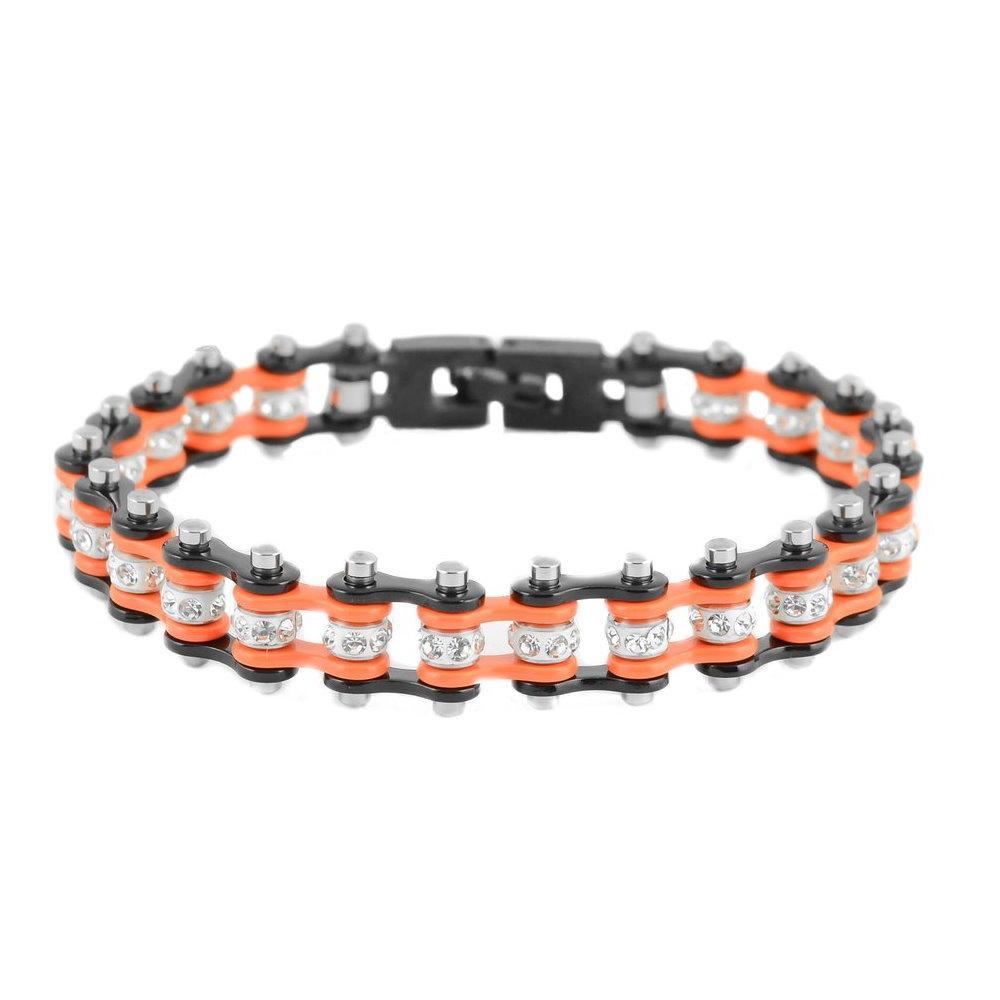 3/8" Wide MiniTwo Tone Black Orange with White Crystal Centers Stainless Steel Motorcycle Bike Chain Bracelet