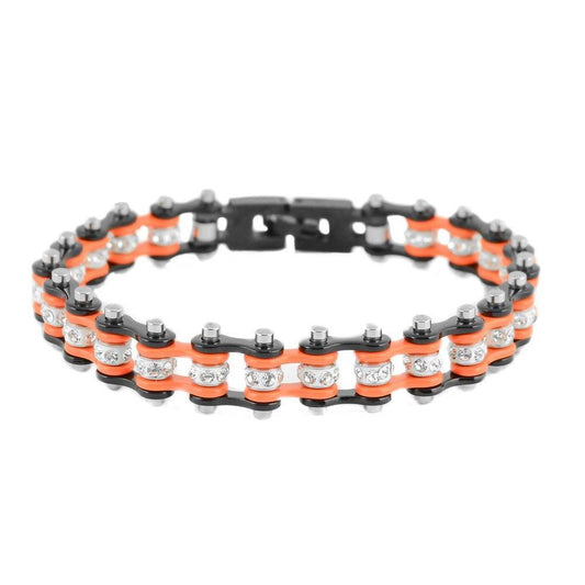 3/8" Wide MiniTwo Tone Black Orange with White Crystal Centers Stainless Steel Motorcycle Bike Chain Bracelet