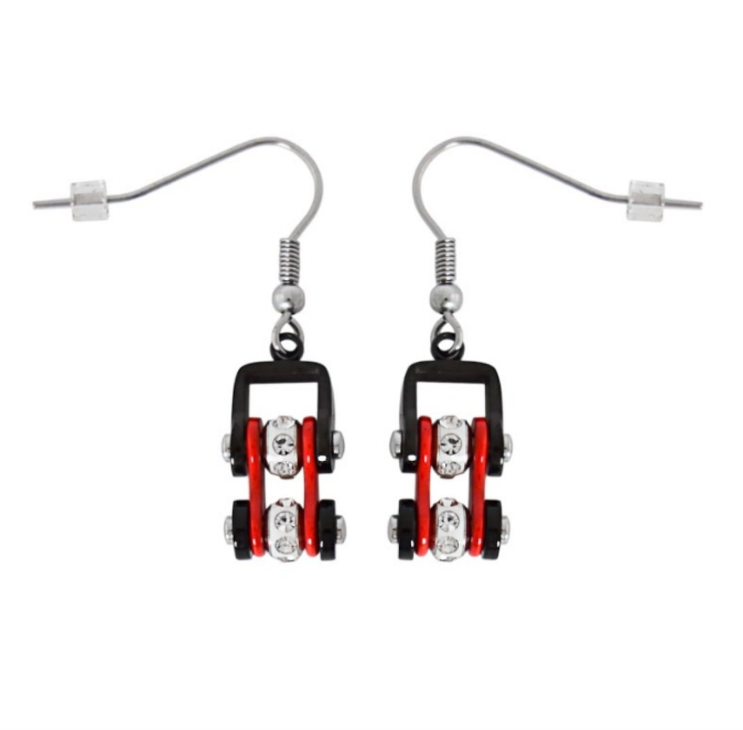 MiniEARRINGS Two Tone Black Red with White Crystal Centers Stainless Steel Motorcycle Bike Chain