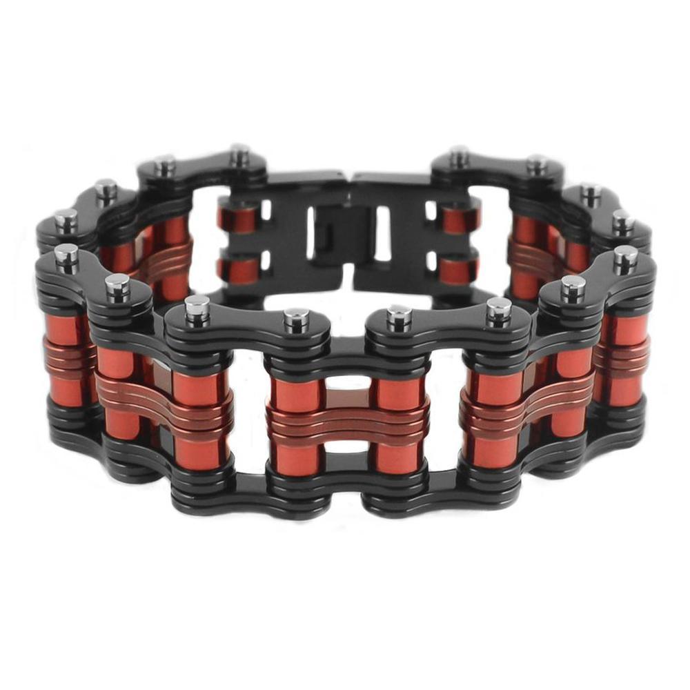 Two Tone Black Red Rollers 1" WideUnisex Stainless Steel Motorcycle Chain Bracelet