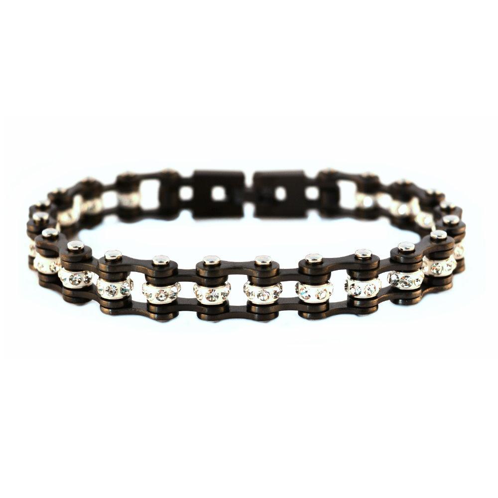 NEW 3/8" Wide MiniGunmetal/Candy Purple with White Crystal Centers Stainless Steel Motorcycle Bike Chain Bracelet