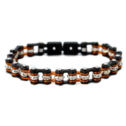 3/8" Wide MiniTwo Tone Gunmetal Beryllium Orange with White Crystal Centers Stainless Steel Motorcycle Bike Chain Bracelet