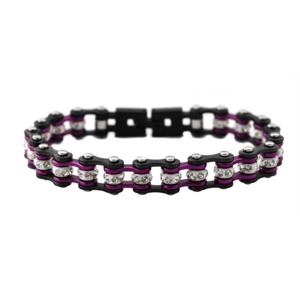 NEW 3/8" Wide MiniGunmetal/Candy Purple with White Crystal Centers Stainless Steel Motorcycle Bike Chain Bracelet