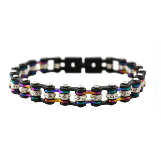 3/8" Wide MiniGunmetal/Irredisent with White Crystal Centers Stainless Steel Motorcycle Bike Chain Bracelet