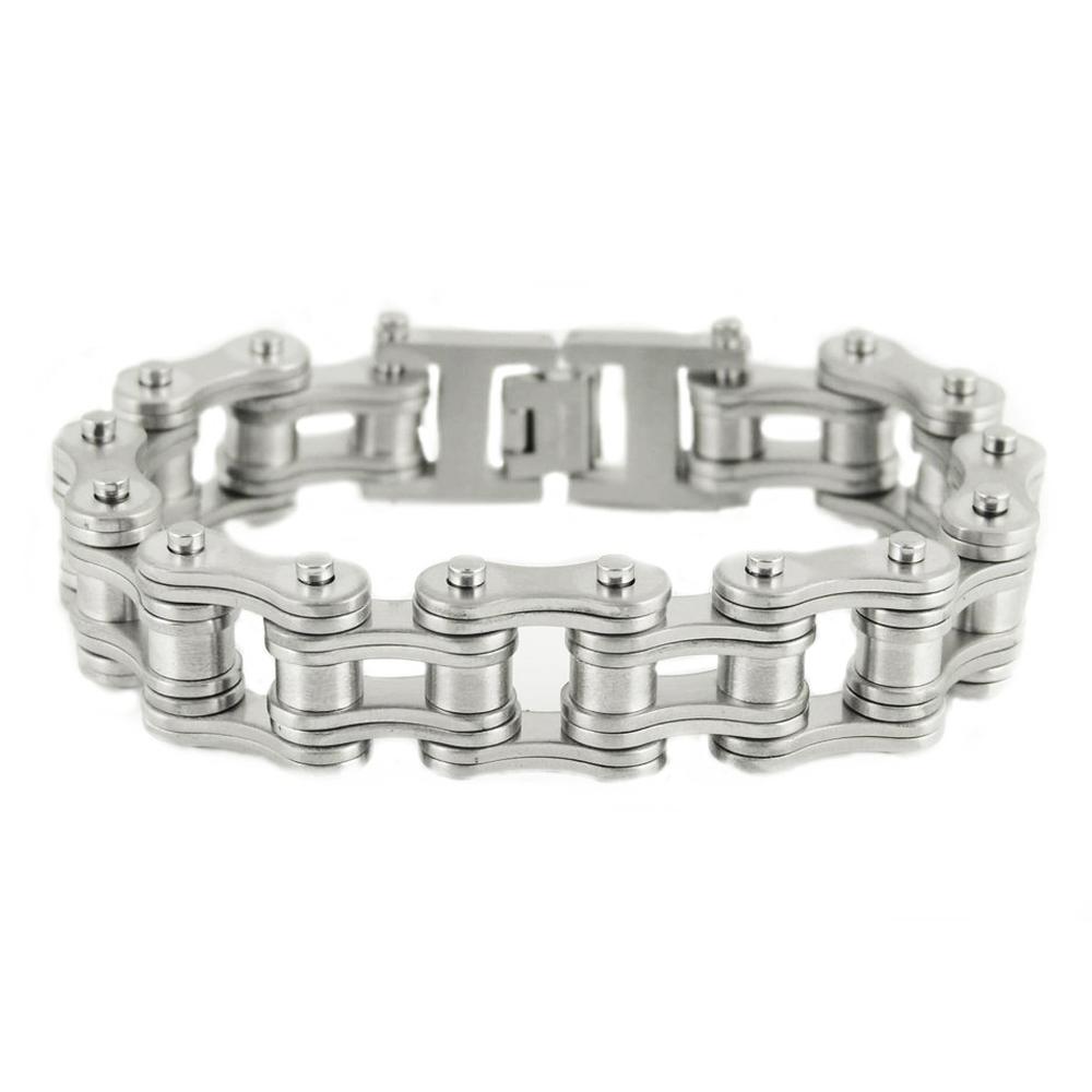 BRUSHED Double Link 3/4" Wide DesignUnisex Stainless Steel Motorcycle Chain Bracelet