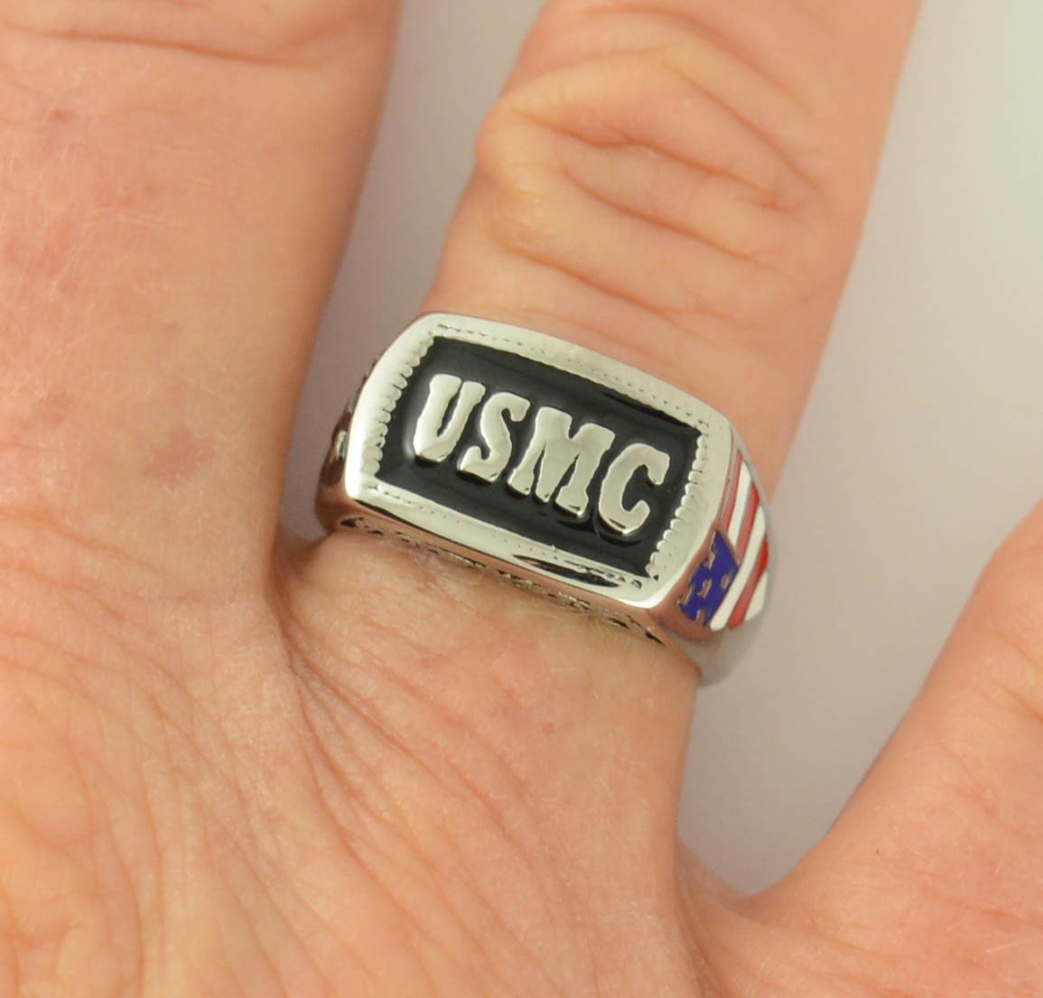 Women's Or Men's USMC Ring Enameled American Flag  Stainless Steel Military Jewelry