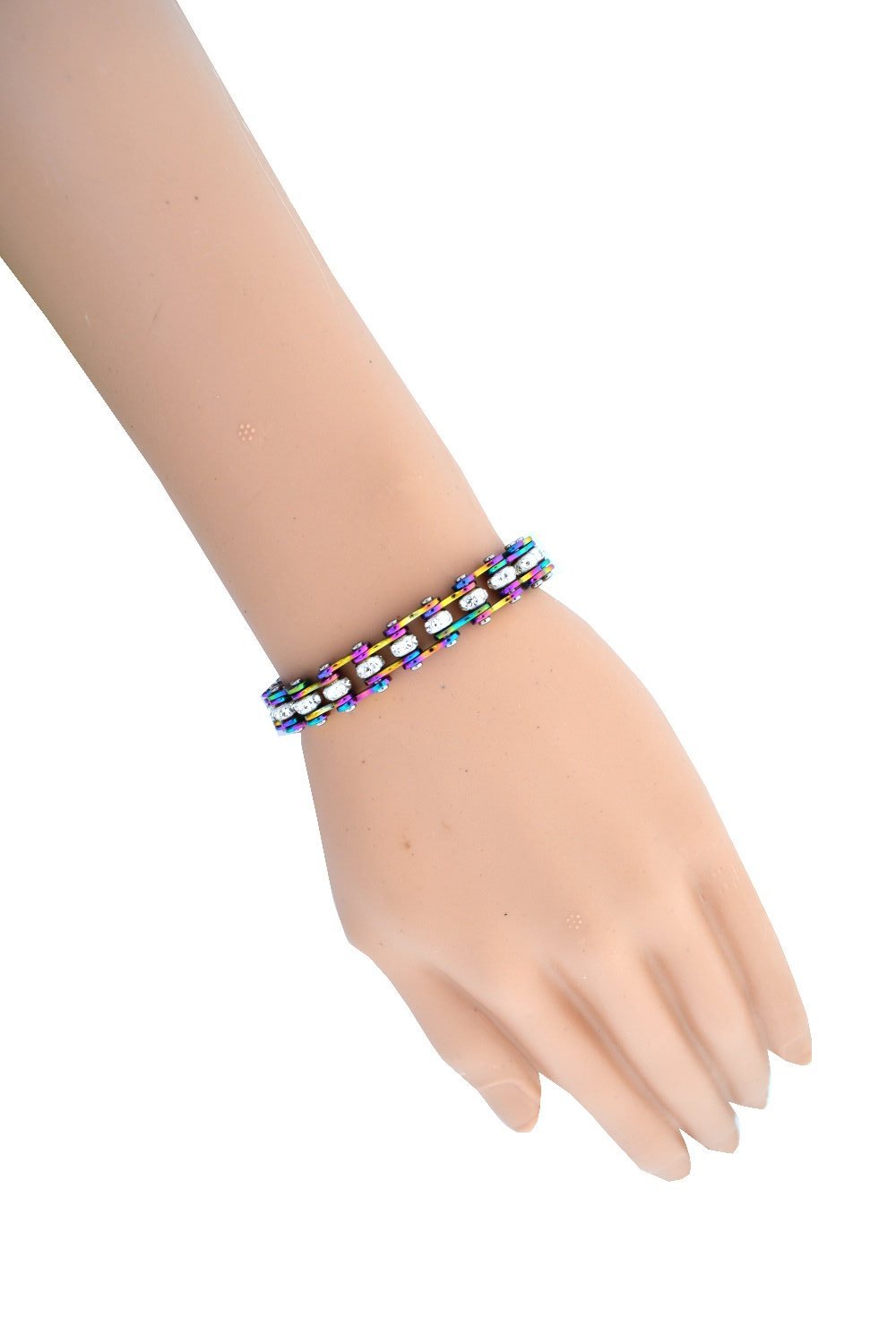 3/8" Wide MiniAll Rainbow with White Crystal Centers Stainless Steel Motorcycle Bike Chain Bracelet