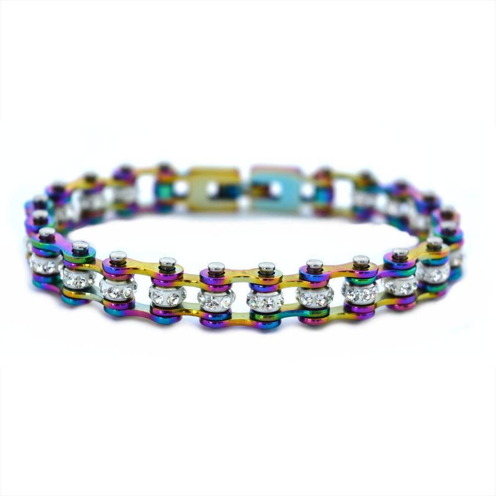 3/8" Wide MiniAll Rainbow with White Crystal Centers Stainless Steel Motorcycle Bike Chain Bracelet