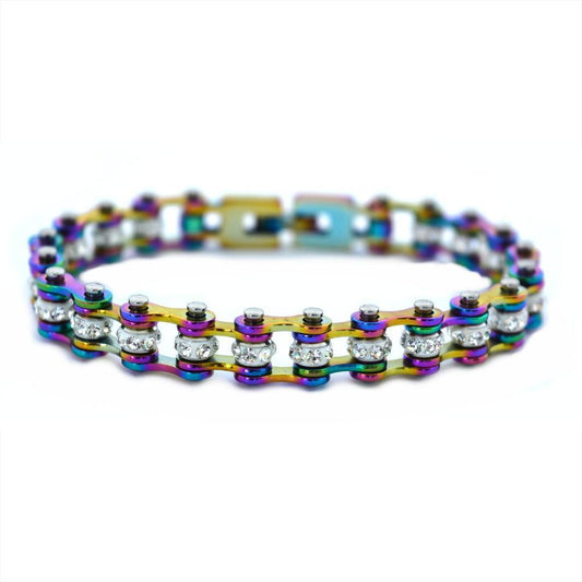 3/8" Wide MiniAll Rainbow with White Crystal Centers Stainless Steel Motorcycle Bike Chain Bracelet