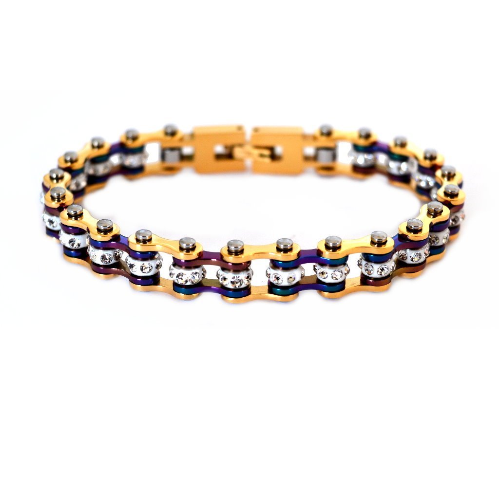 3/8" Wide MiniTwo Tone Gold Rainbow with White Crystal Centers Stainless Steel Motorcycle Bike Chain Bracelet