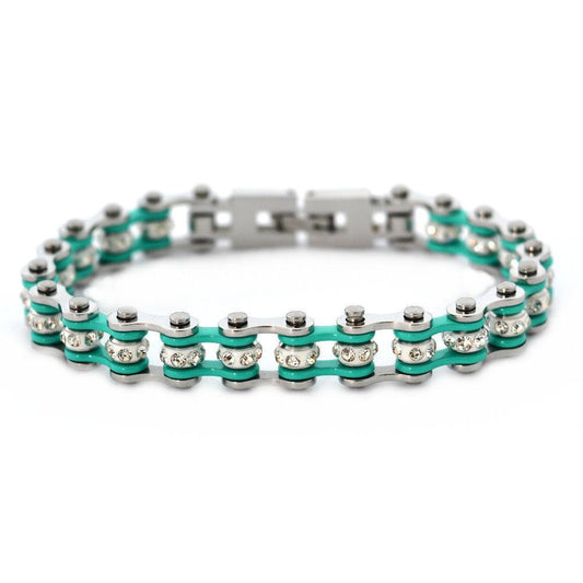 3/8" Wide MiniTwo Tone Silver Aquamarine with White Crystal Centers Stainless Steel Motorcycle Bike Chain Bracelet