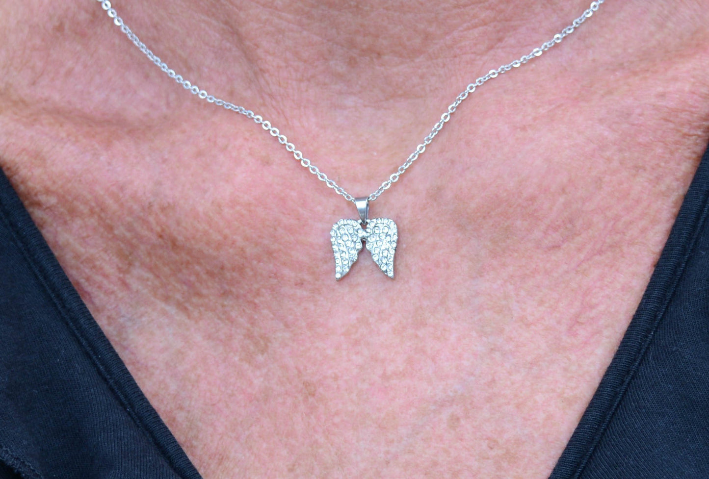 Women's Double Angel Wing Crystal Necklace 19" 9/16" Wide Stainless Steel Motorcycle Jewelry