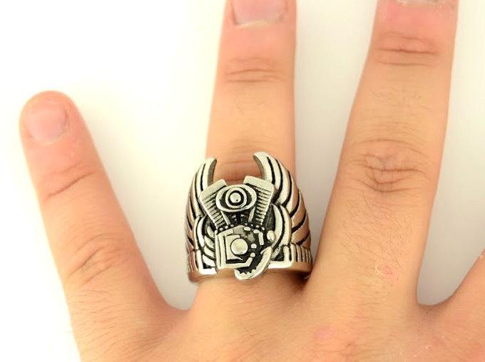 Gents Engine with Wings To Heaven Ring Stainless Steel Motorcycle Jewelry