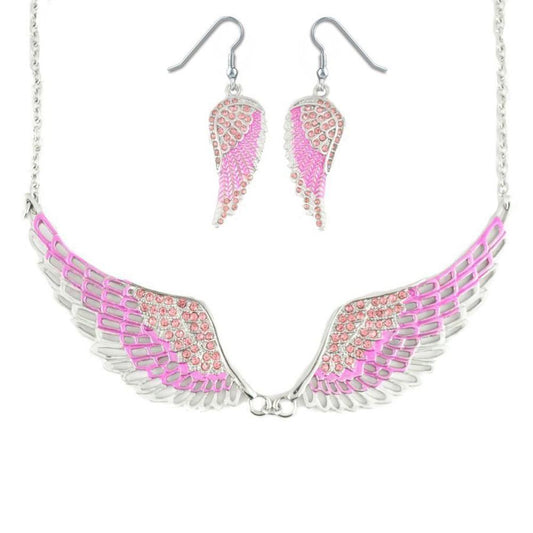 Combo Set Pink Painted Winged Leverback Earring + Pink Painted Winged Necklace Pink Imitation Crystal