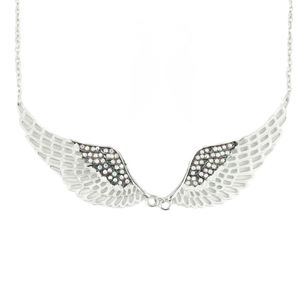 White Painted Winged Necklace Rainbow Imitation Crystals