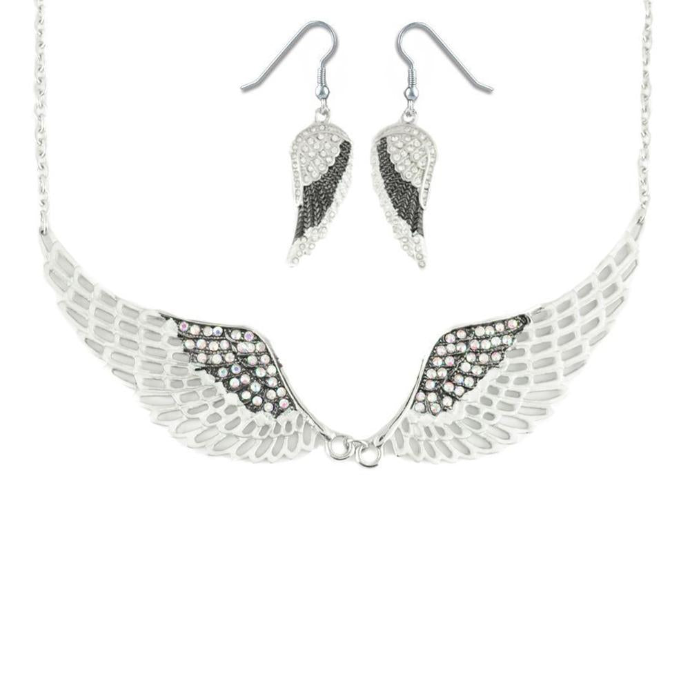 Combo Set Black Painted Winged Leverback Earring + White Painted Winged Necklace White Imitation Crystals