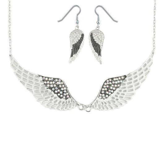 Combo Set Black Painted Winged Leverback Earring + White Painted Winged Necklace White Imitation Crystals
