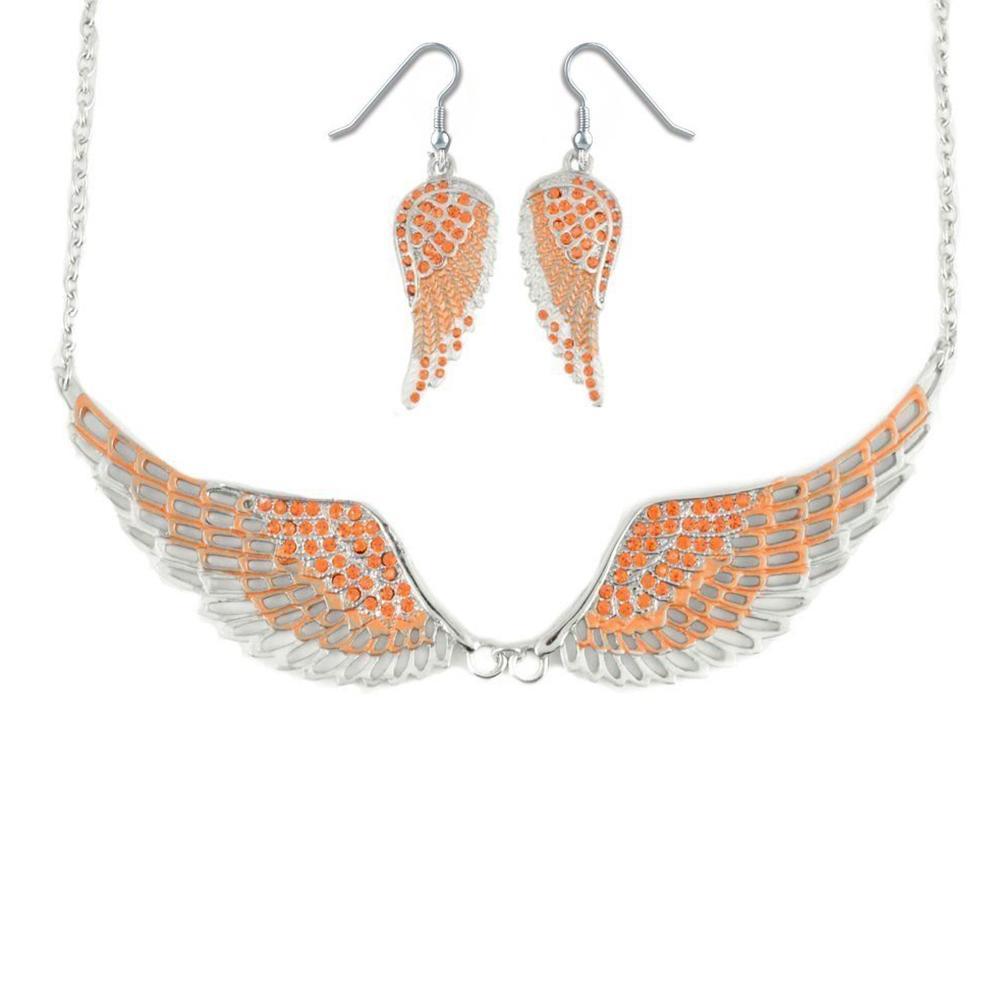 Combo Set Orange Painted Winged Leverback Earring + Orange Painted Winged Necklace Orange Imitation Crystal