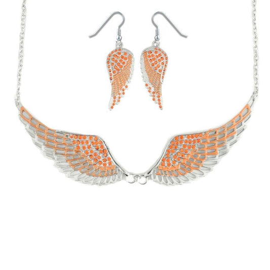 Combo Set Orange Painted Winged Leverback Earring + Orange Painted Winged Necklace Orange Imitation Crystal
