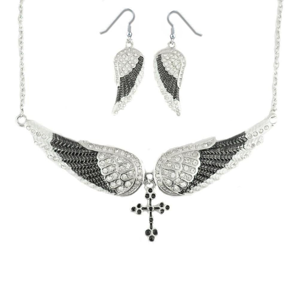 Combo Set Black Painted Winged Leverback Earring + Black Painted Winged Cross Necklace White Imitation Crystals