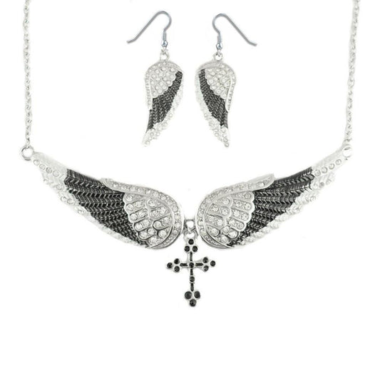 Combo Set Black Painted Winged Leverback Earring + Black Painted Winged Cross Necklace White Imitation Crystals
