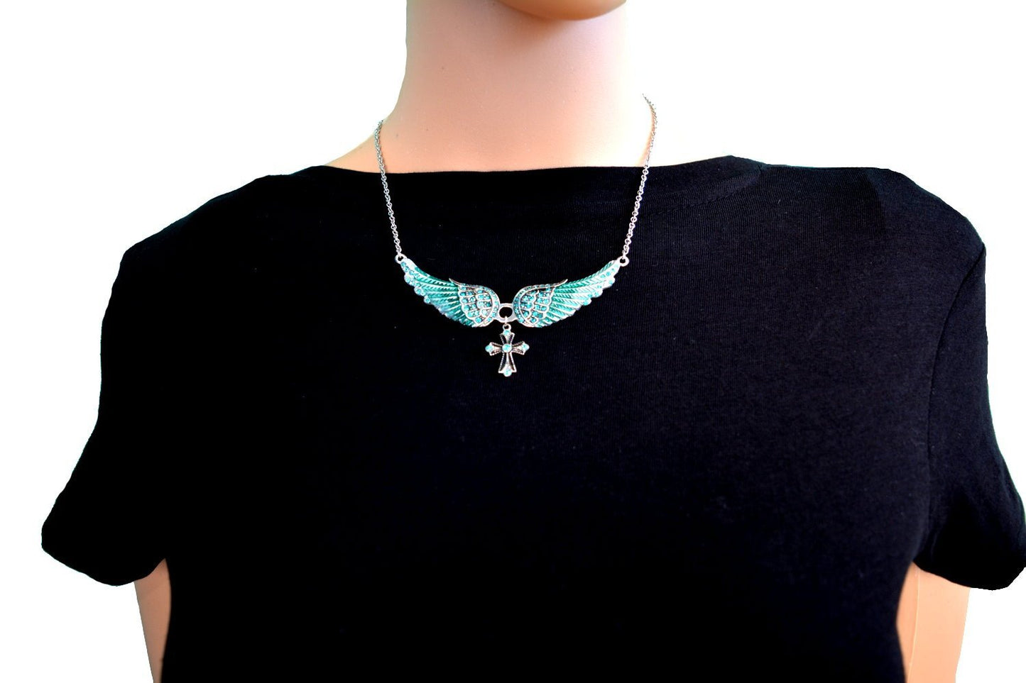Small Seafoam Green Painted Winged Necklace with Cross White Imitation Crystals