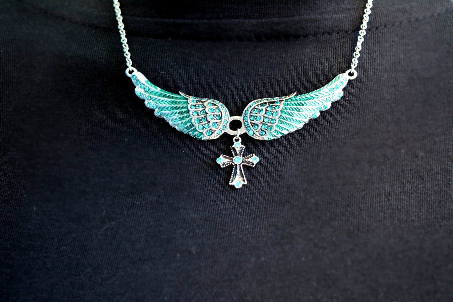 Small Seafoam Green Painted Winged Necklace with Cross White Imitation Crystals
