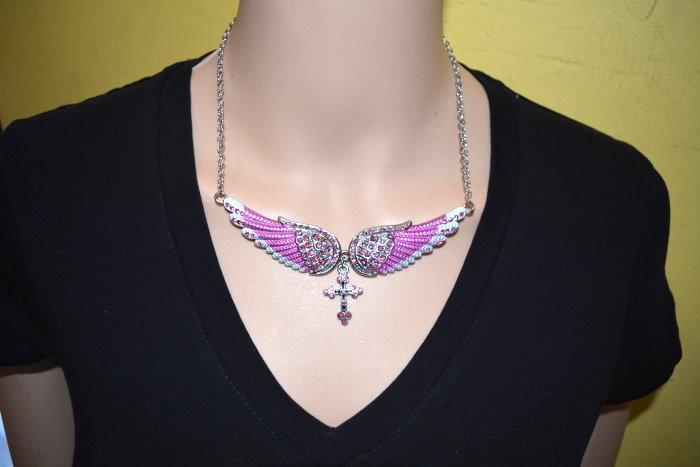 Combo Set Pink Painted Winged Leverback Earring + Pink Painted Winged Cross Necklace Pink Imitation Crystal