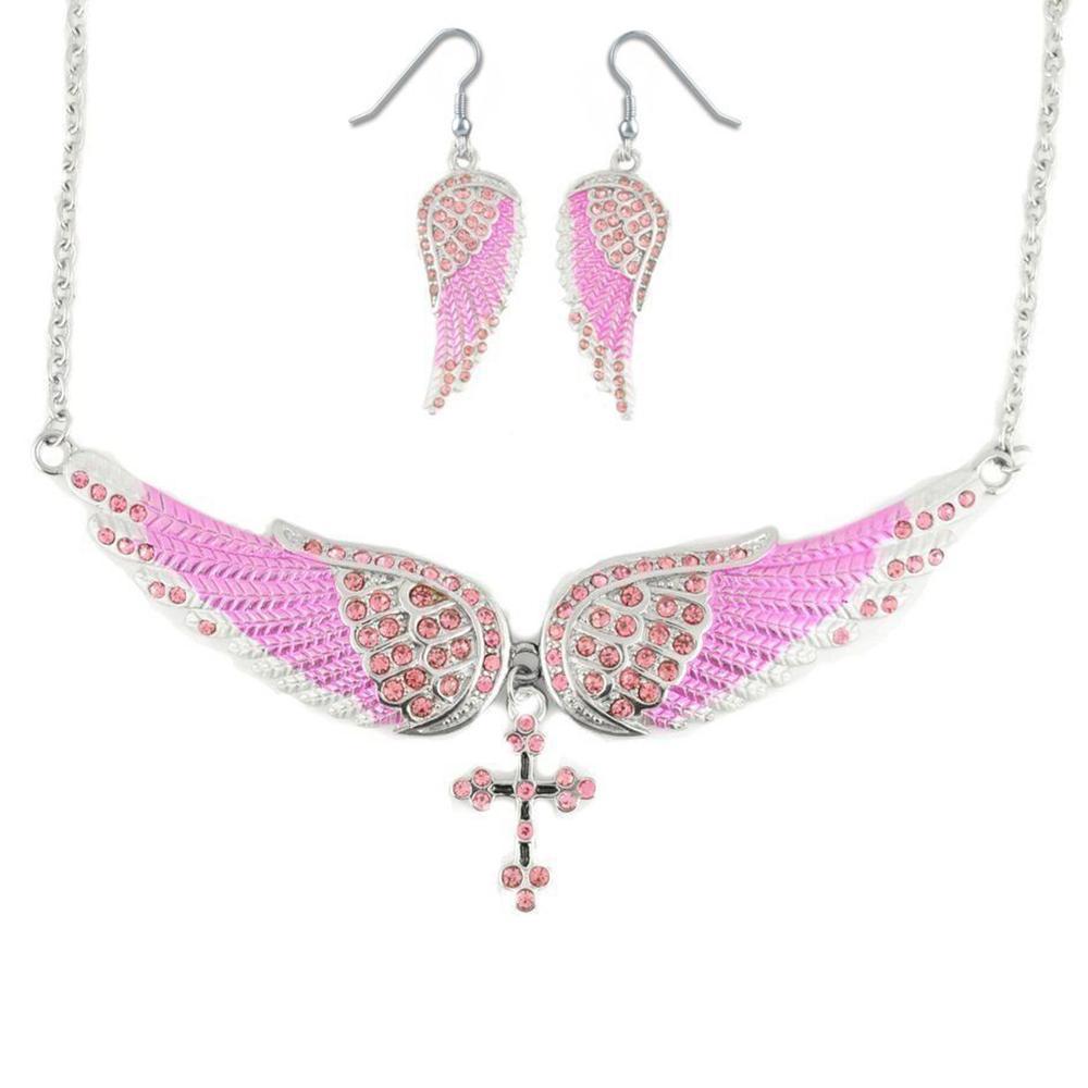 Combo Set Pink Painted Winged Leverback Earring + Pink Painted Winged Cross Necklace Pink Imitation Crystal