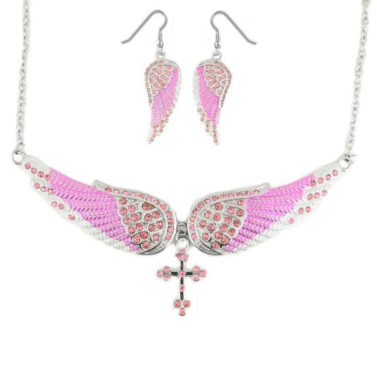 Combo Set Pink Painted Winged Leverback Earring + Pink Painted Winged Cross Necklace Pink Imitation Crystal