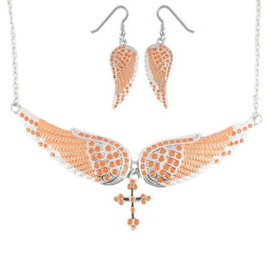 Combo Set Orange Painted Winged Leverback Earring + Orange Painted Winged Necklace Orange Imitation Crystal