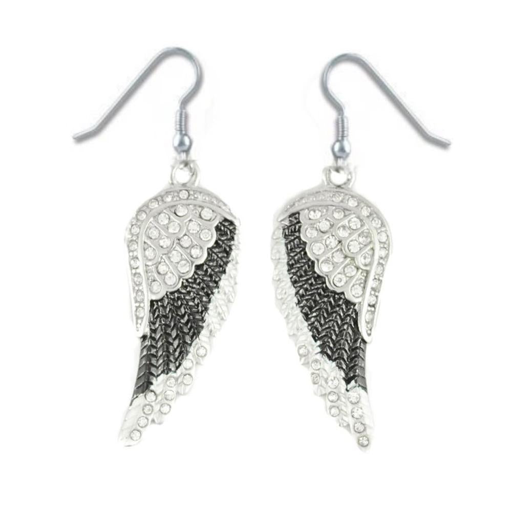 Black Painted Winged French Wire Earring White Imitation Crystals