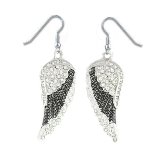 Black Painted Winged French Wire Earring White Imitation Crystals