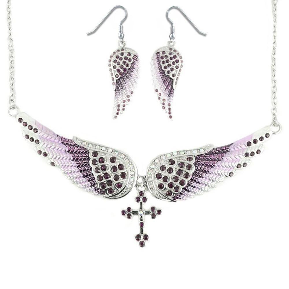Combo Set Purple Painted Winged Leverback Earring + Purple Painted Winged Necklace Purple Imitation Crystals