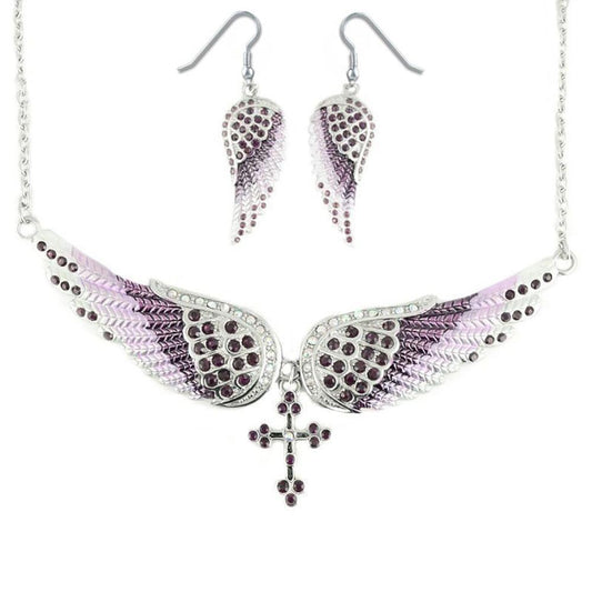 Combo Set Purple Painted Winged Leverback Earring + Purple Painted Winged Necklace Purple Imitation Crystals