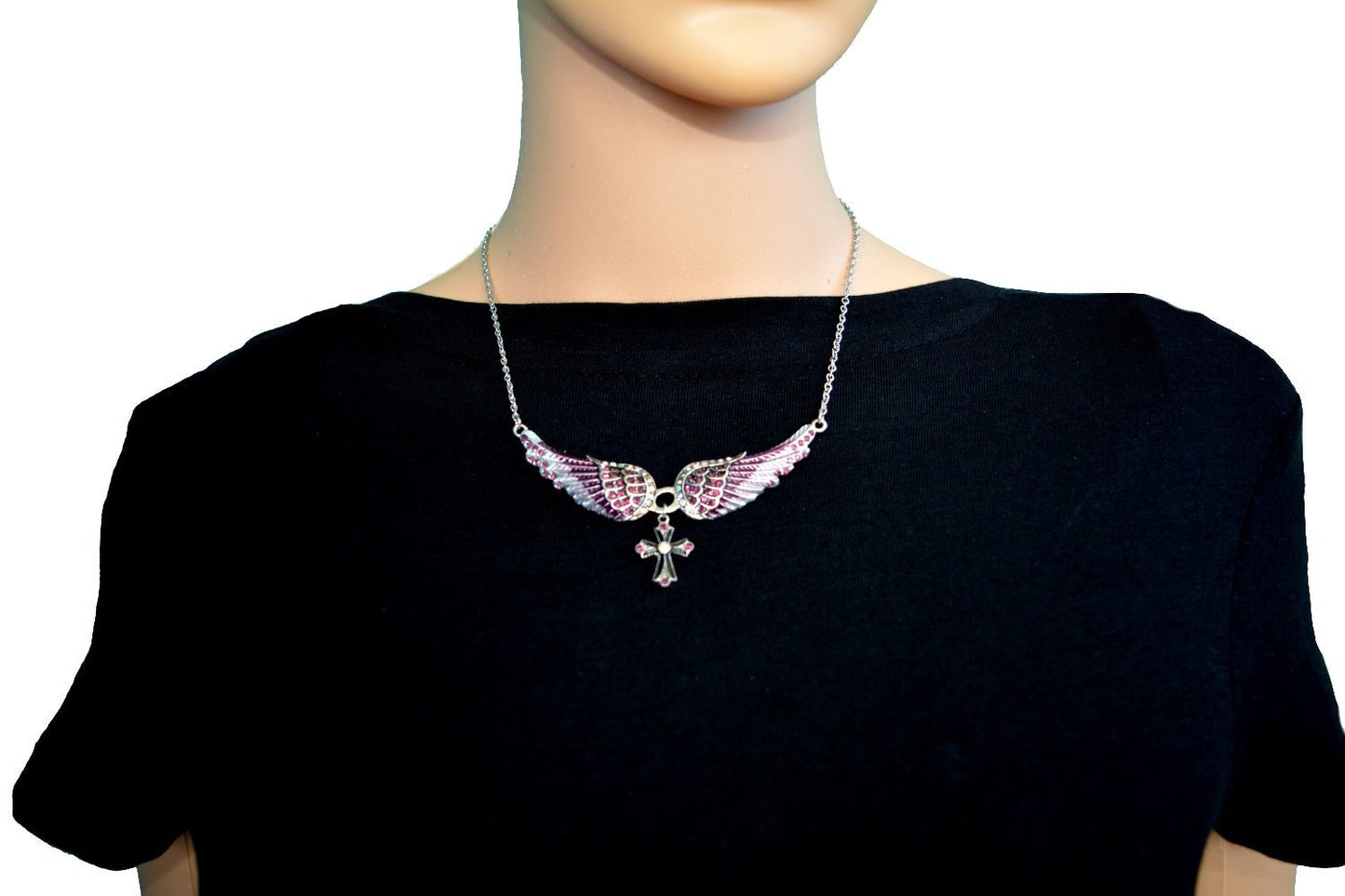 Small Purple Painted Winged Necklace with Cross Purple Imitation Crystals