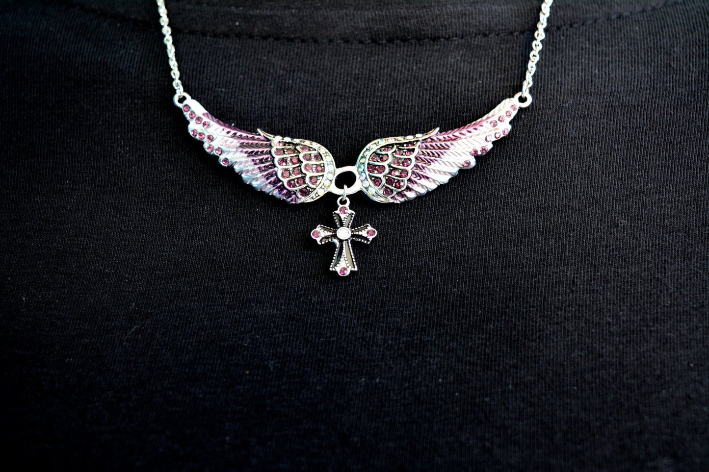 Small Purple Painted Winged Necklace with Cross Purple Imitation Crystals