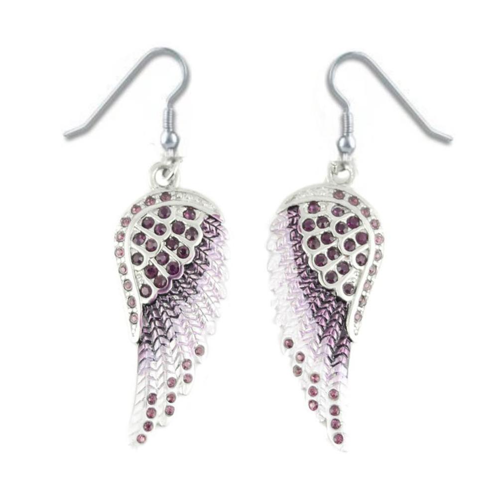 Purple Painted Winged French Wire Earring Purple Imitation Crystals